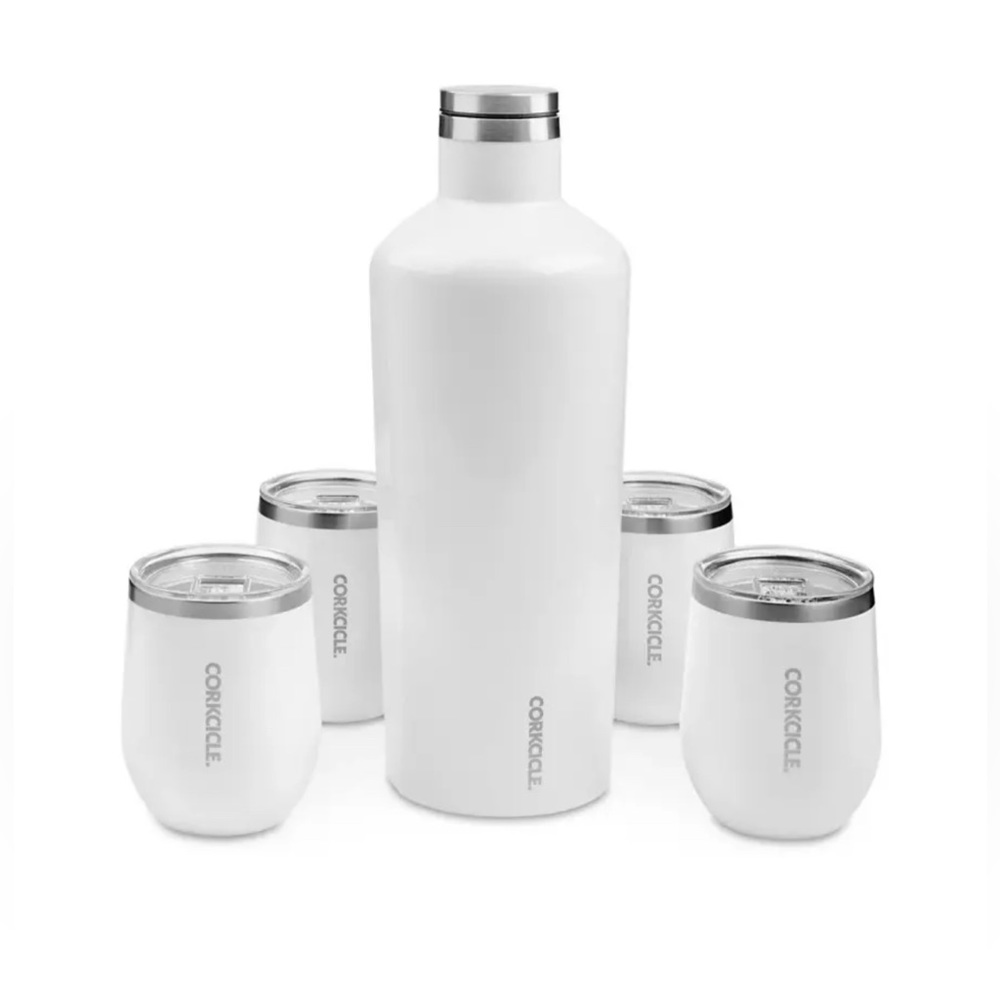 Uline Branded Corkcicle 60 oz. Canteen with 4 Stemless Wine Glass Set Coffee